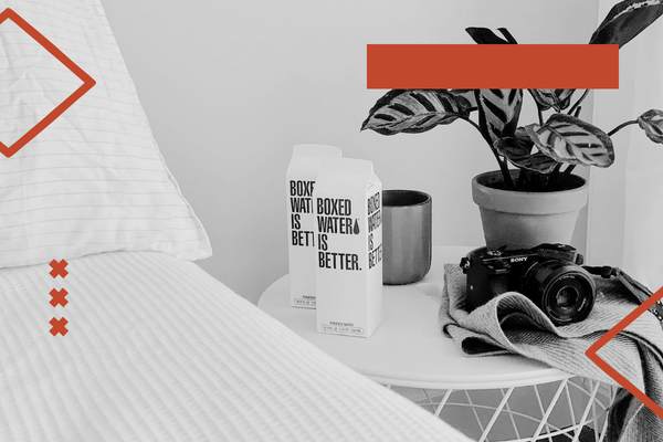 Imagen en blanco y negro de una cabecera con una cámara, un cartón de agua, una planta en una maceta y un libro sobre una mesa blanca, al lado de una cama con una almohada.